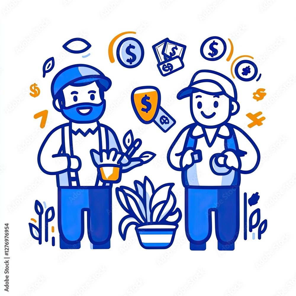 Two farmers growing plants for profit. Coins and leaves float in the background. Business concept Two farmers growing plants for profit. Coins and leaves float in the background. Business concept