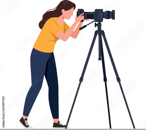 A woman photographing nature with a professional camera on a tripod in a flat design vector illustration showcasing focus and creativity in photography