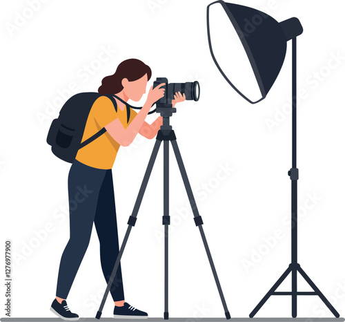 Photographer capturing stunning images with a digital camera on a tripod beside a professional lighting setup in flat vector art