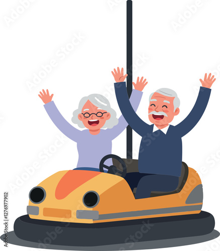Joyful elderly couple in a bumper car enjoying a fun day at the amusement park in a colorful, cheerful flat vector illustration