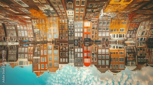  Mind-bending reflection of Amsterdam canal houses appearing upside down in still water, creating a surreal and artistic optical illusion with warm autumn colors.

