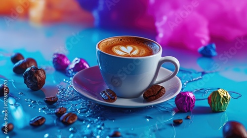 A beautifully crafted coffee cup with latte art sits on a vibrant blue surface, surrounded by colorful candies