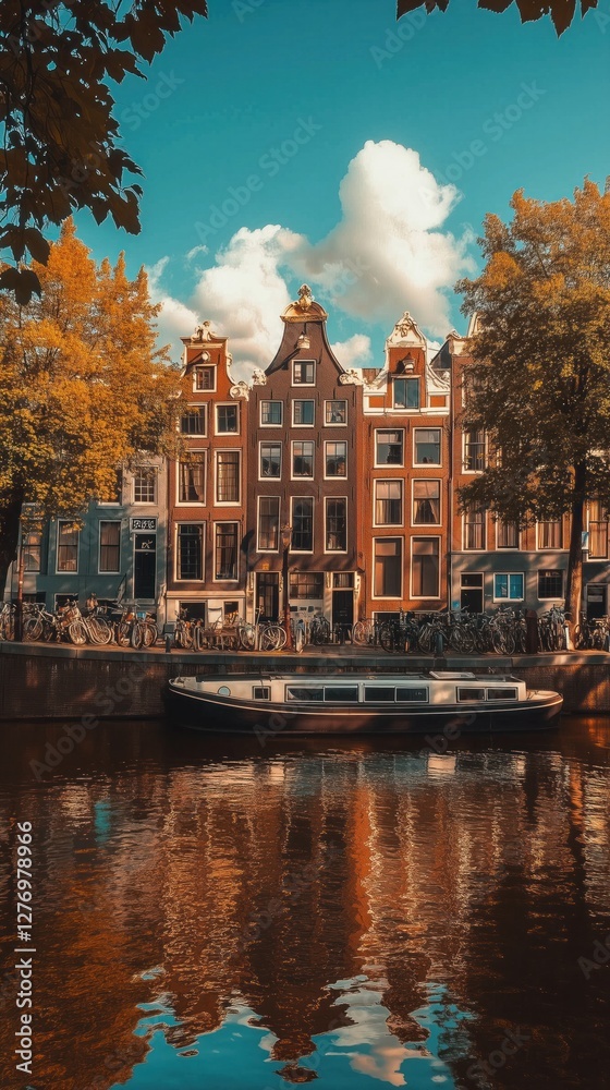 Obraz premium Historic canal bridge in Amsterdam, Netherlands, with bicycles lined up along the water and golden autumn trees framing a picturesque view of traditional Dutch gabled houses in the city.