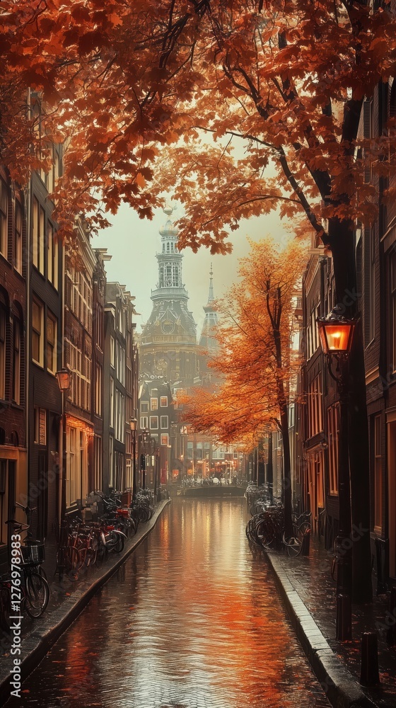 Fototapeta premium Scenic view of illuminated Dutch canal houses reflecting on calm water at dusk in Amsterdam, Netherlands, showcasing traditional architecture, warm city lights, and serene evening ambiance.