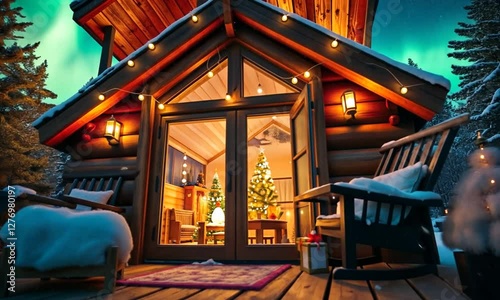 Aurora In The Spectrum Of Green Purple And Red, Illuminating A Backcountry Ski Cabin In The Mighty Snow-covered Rocky Mountains. 4k