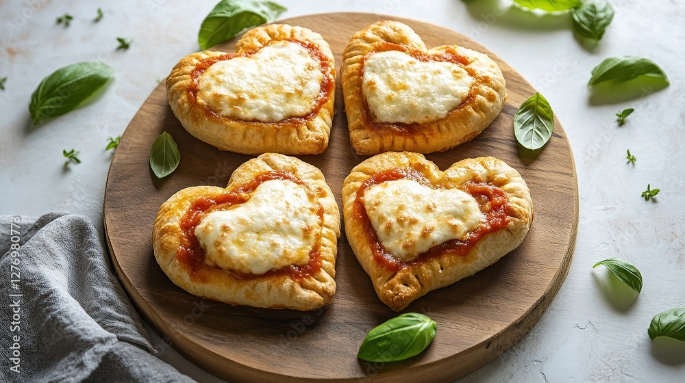 A plate of golden-fried heart-shaped calzones stuffed with gooey mozzarella and marinara sauce A plate of golden-fried heart-shaped calzones stuffed with gooey mozzarella and marinara sauce