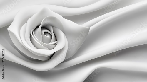 A white rose on satin fabric with soft folds, for elegance, luxury, bridal themes, and greeting cards