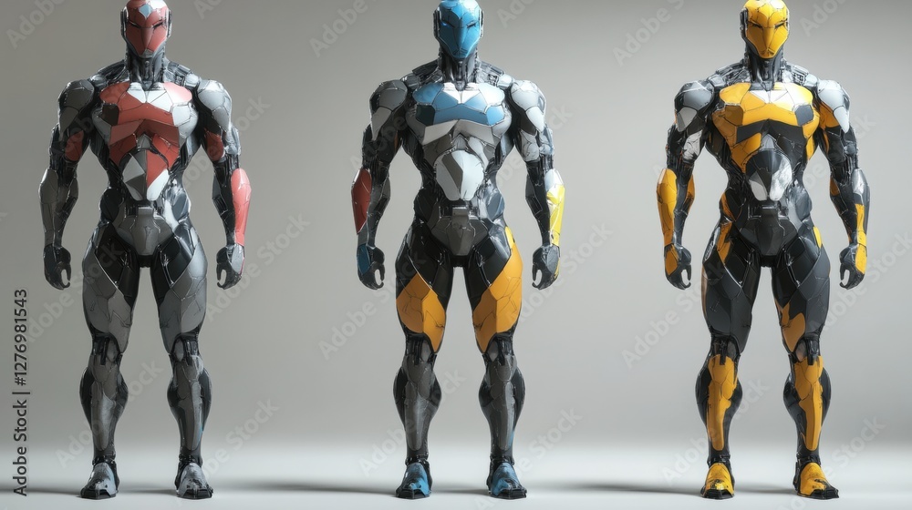 Fototapeta premium Three robotic figures in colorful armors standing in a row on a neutral background