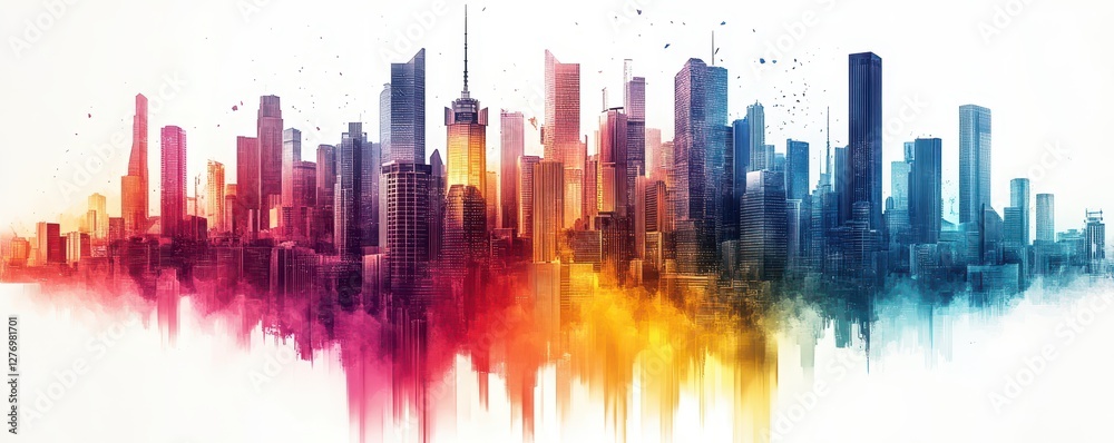 Vibrant abstract city skyline with colorful reflections on white background Vibrant abstract city skyline with colorful reflections on white background