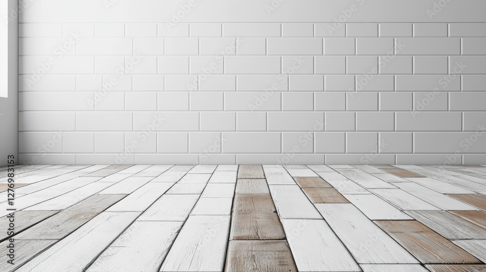 Fototapeta premium White brick wall with rustic wooden floor in minimalistic interior design