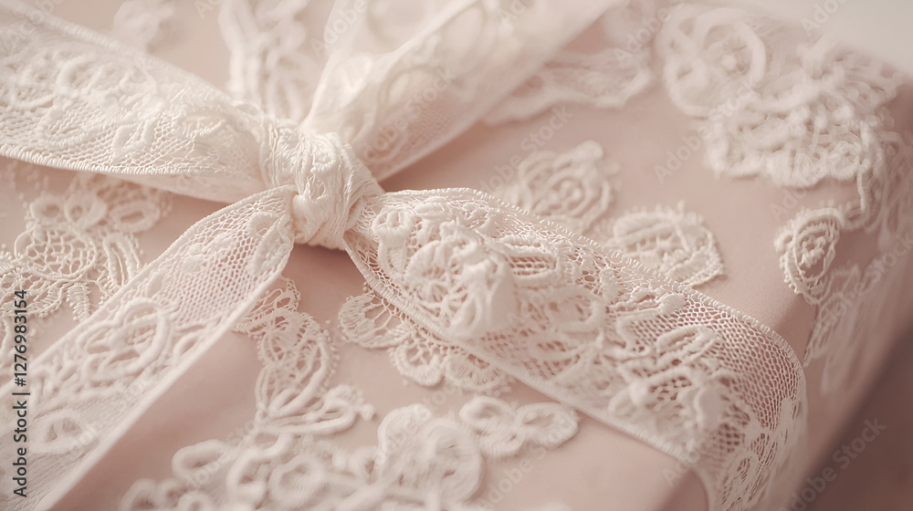 Fototapeta premium Elegant gift: pale pink package adorned with delicate lace and ribbon, presenting a luxurious and romantic gesture.