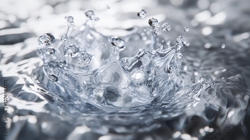Water droplet splashing on surface with ripples in reflective motion Water droplet splashing on surface with ripples in reflective motion