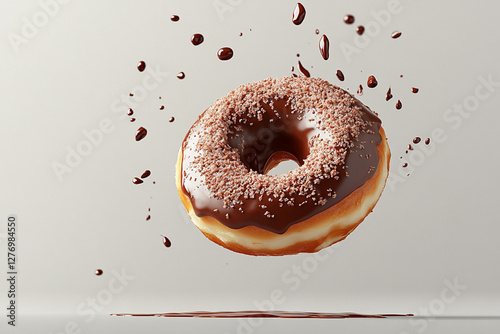 Creative composition with one donut in motion and falling chocolate drops photo