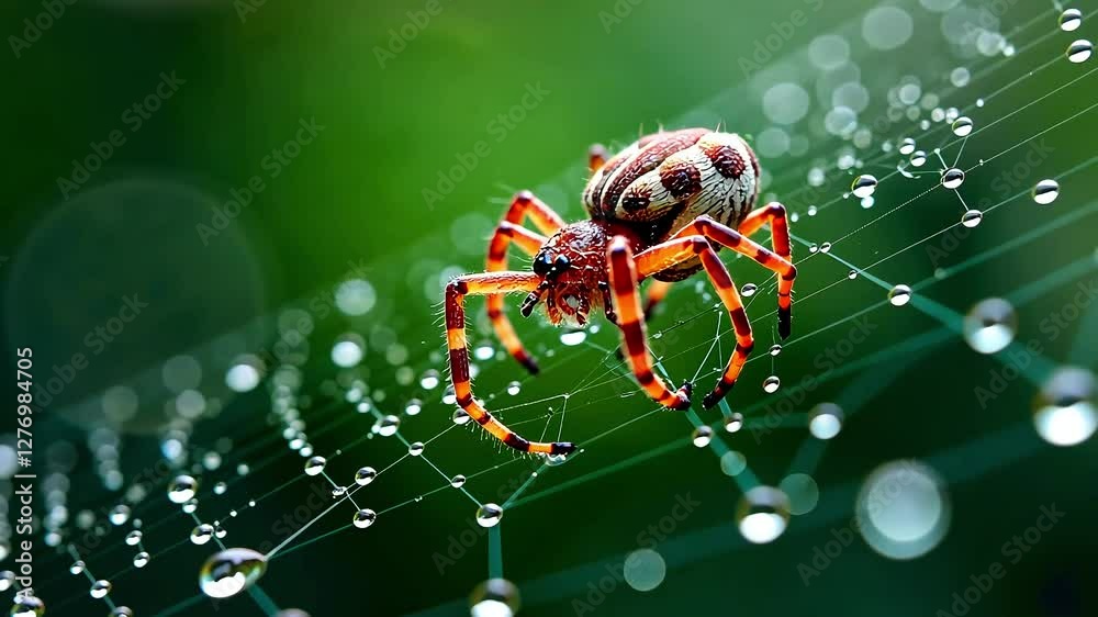 Small spider weaves a web, dew drops on a spider web, macro. insects in nature