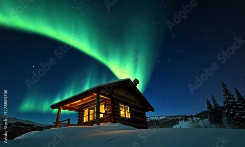 Aurora In The Spectrum Of Green Purple And Red, Illuminating A Backcountry Ski Cabin In The Mighty Snow-covered Rocky Mountains. 4k