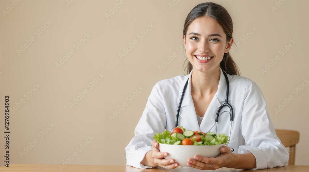 Doctor Smiling with Salad Representing Healthy Lifestyle