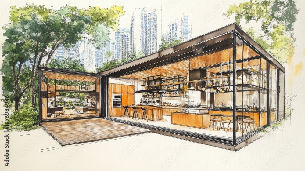 Fototapeta premium Open-Air Modern Kitchen Design with Lush Greenery Interior,sketching,copic,water color