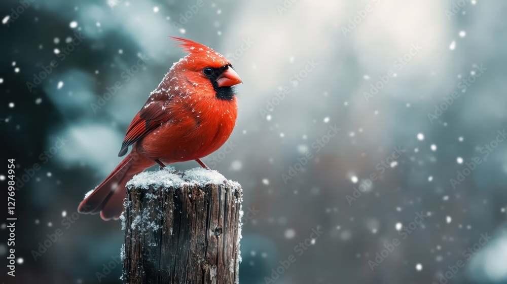 A striking red cardinal stands elegantly on a snow-covered post, surrounded by a serene winter landscape, showcasing the beauty of nature during the snowy season. A striking red cardinal stands elegantly on a snow-covered post, surrounded by a serene winter landscape, showcasing the beauty of nature during the snowy season.