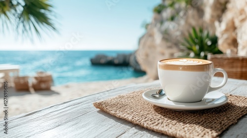 A tranquil scene of a coffee cup resting on a wooden surface, overlooking the beach, creating a perfect setting for relaxation and enjoyment by the sea.