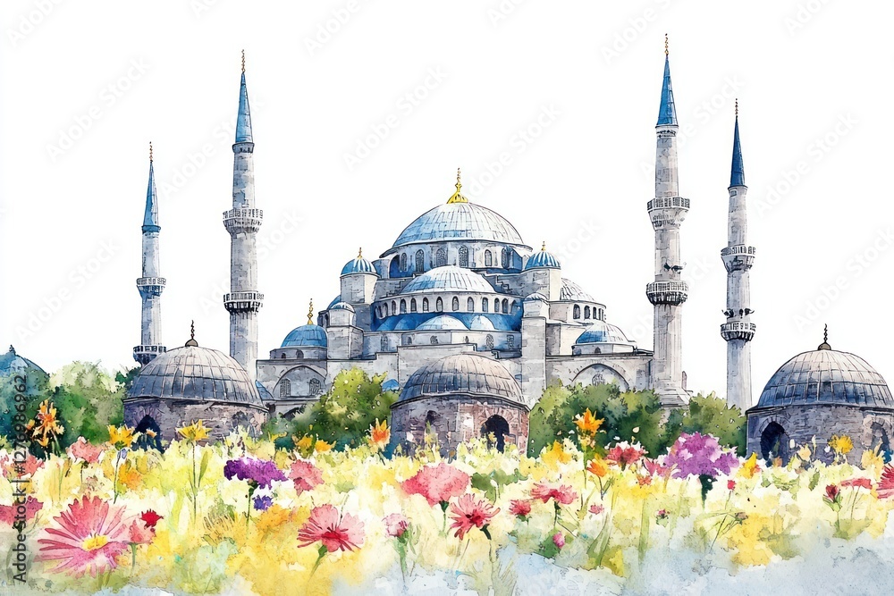 Obraz premium Blue Mosque in Istanbul illustration watercolor landmark.