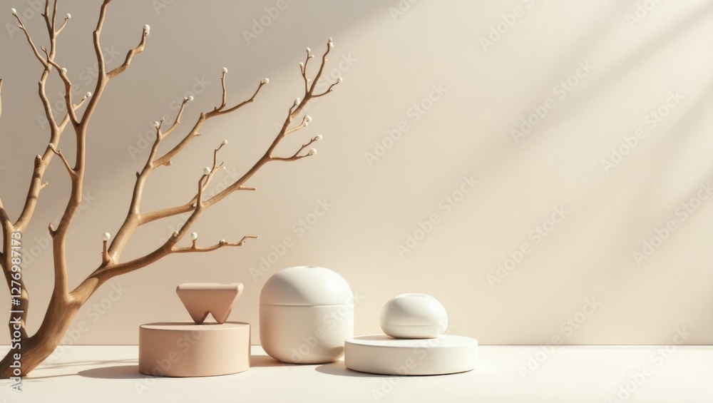 Elegant Minimalist Still Life Featuring Cosmetic Jars and Branch Accent Elegant Minimalist Still Life Featuring Cosmetic Jars and Branch Accent