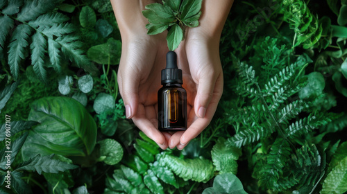 Gently holding essential oil bottle surrounded by lush green foliage, conveying sense of tranquility and natural wellness