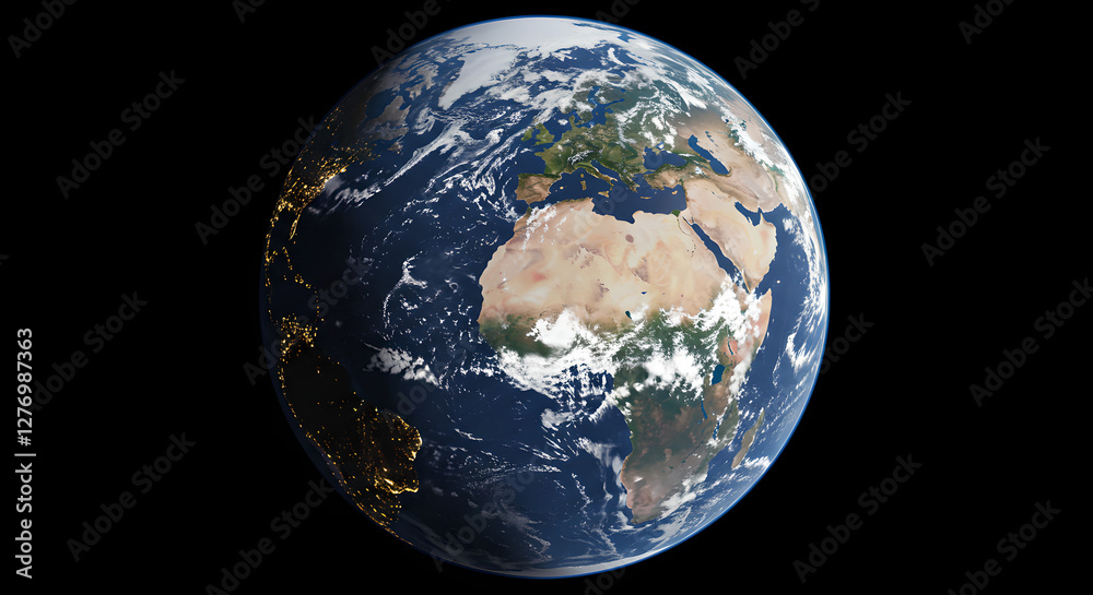 Fototapeta premium Planet Earth view from space showing Africa, Europe and Middle East. Natural satellite photo of our blue planet with clouds, oceans, and continents. Global environment and climate concept