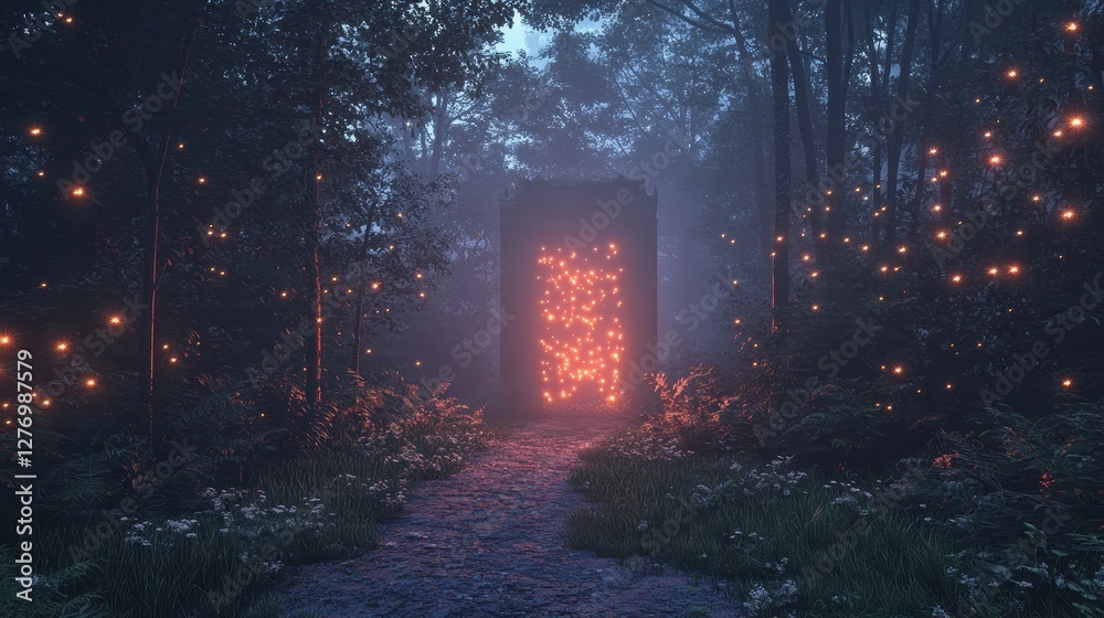 Magical forest with glowing portal at night surrounded by floating lights Magical forest with glowing portal at night surrounded by floating lights