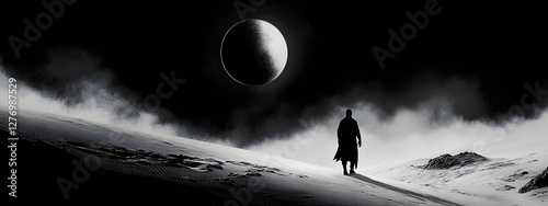Black and white art, silhouette of a man walking in the distance on a sand dune towards an abstract
