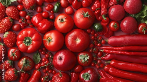 Vibrant variety of red fruits and vegetables displayed in abundance