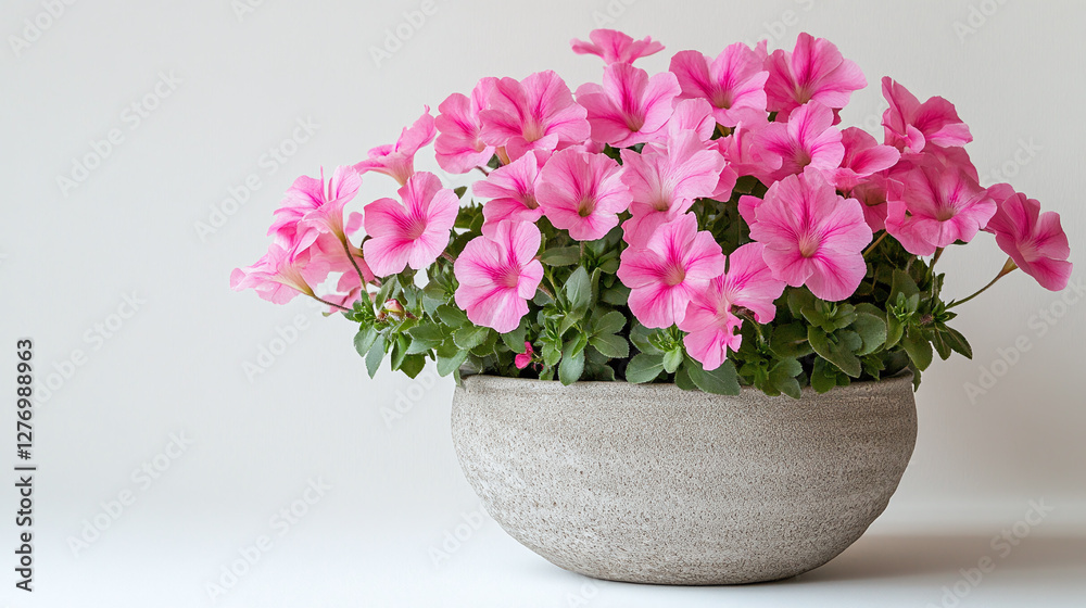 Pink flowers in a stone flower pot isolated on a white background. Pink flowers in a stone flower pot isolated on a white background.