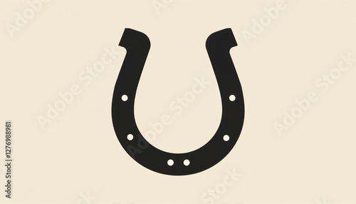 Black lucky horseshoe silhouette on beige background for good luck concept copy space