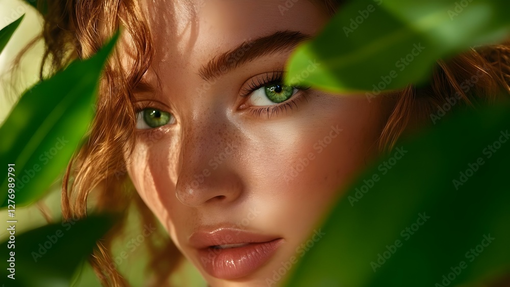 Naklejka premium A close-up portrait of a person with curly hair and striking green eyes, partially obscured by green leaves. Concept Close-Up Portrait, Curly Hair, Striking Green Eyes, Nature-Inspired