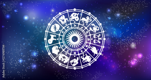 Astrology Horoscope Wheel with Zodiac Signs on the background of the dark space