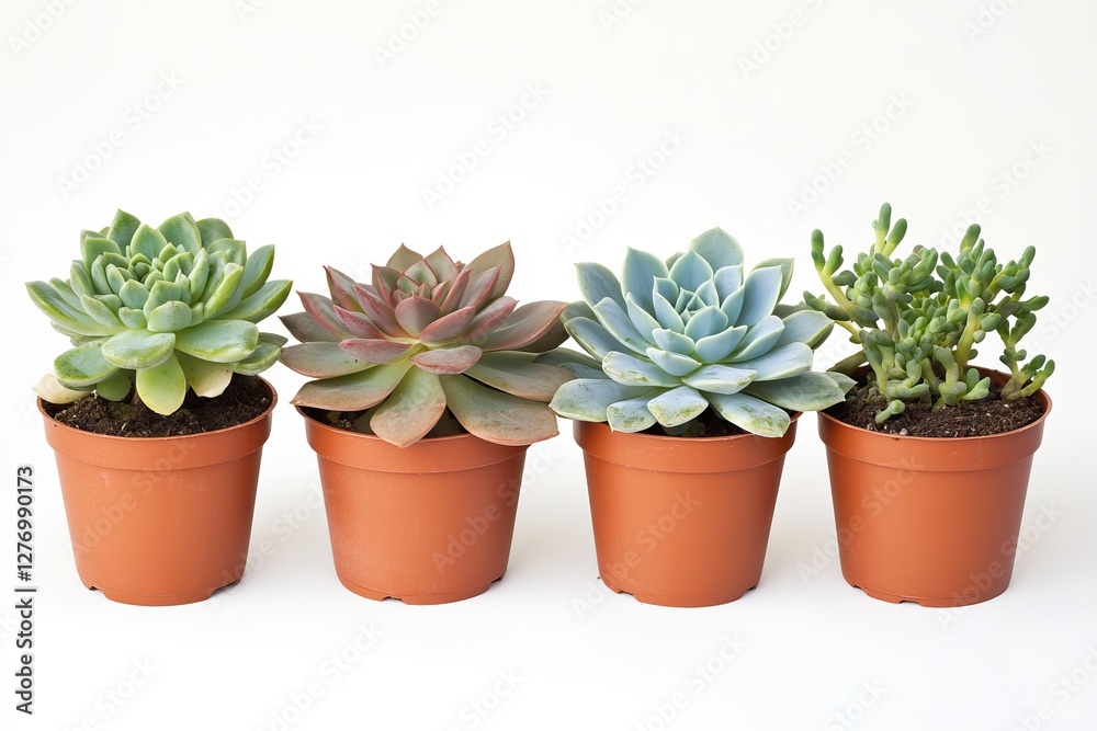 Fototapeta premium various succulent plants arranged in a neat row on a clean white background. 