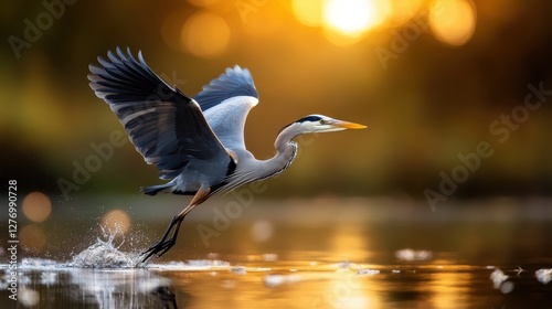 A majestic heron gracefully takes to the air at sunset, creating a breathtaking scene that captures the beauty of wildlife in its natural habitat near the water.