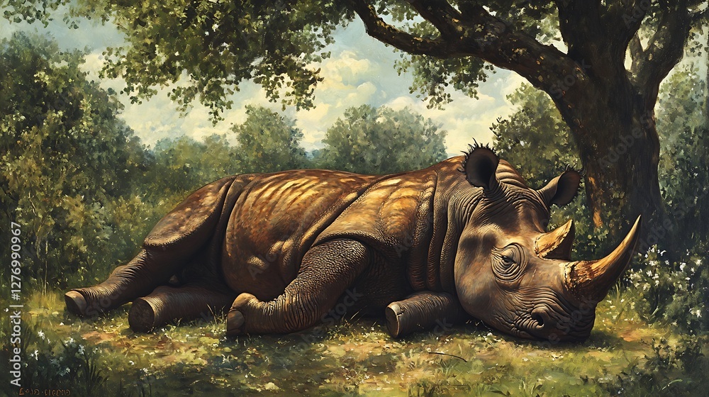 Fototapeta premium A rhinoceros resting in the shade of a tree