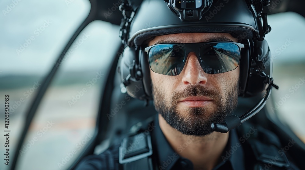 An experienced helicopter pilot wearing sunglasses and a helmet, focused and ready for flight in a modern cockpit, embodying professionalism and adventure. An experienced helicopter pilot wearing sunglasses and a helmet, focused and ready for flight in a modern cockpit, embodying professionalism and adventure.