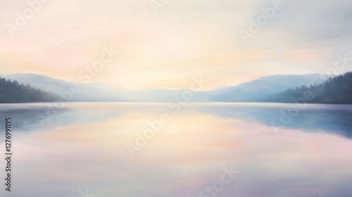 Serenity of dawn over a peaceful lake surrounded by mountains in soft pastel hues reflecting the tranquil water