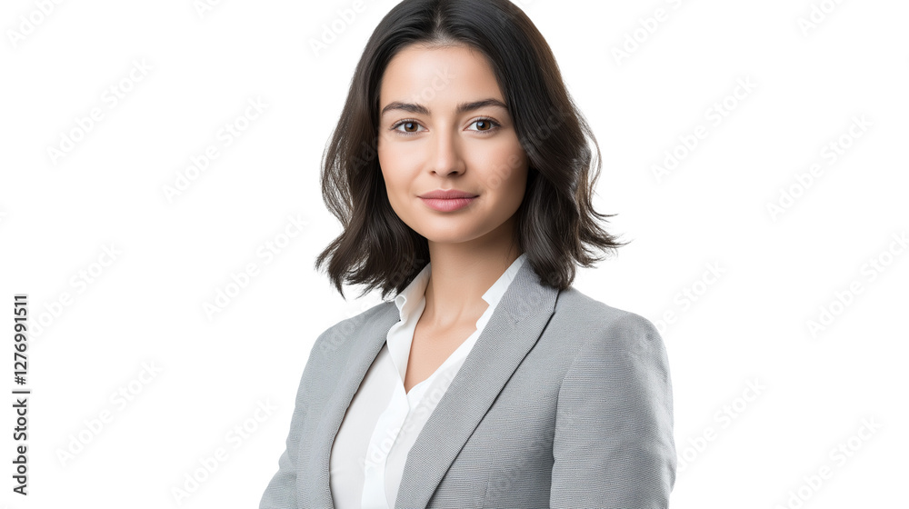 Elegant businesswoman with shoulder-length dark hair, wearing a light gray blazer over a white blouse, friendly and approachable, isolated PNG Elegant businesswoman with shoulder-length dark hair, wearing a light gray blazer over a white blouse, friendly and approachable, isolated PNG