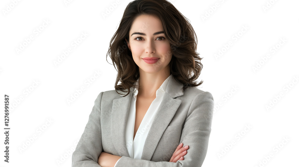 Elegant businesswoman with shoulder-length dark hair, wearing a light gray blazer over a white blouse, friendly and approachable, isolated PNG Elegant businesswoman with shoulder-length dark hair, wearing a light gray blazer over a white blouse, friendly and approachable, isolated PNG