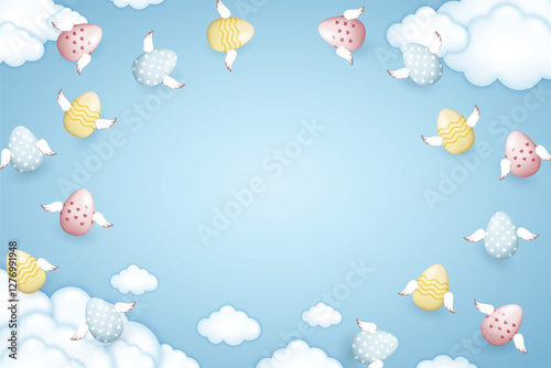 Happy Easter frame, flying Easter eggs with wings on a soft blue background with fluffy clouds, free space in the middle, vector eazy to edit illustration photo