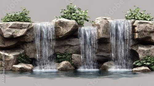 Tranquil waterfall cascades over rocks with lush greenery in serene natural setting