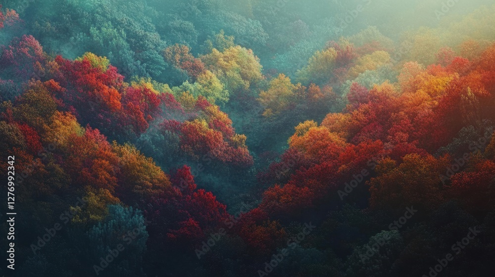 Fototapeta premium Vibrant autumn foliage displays a stunning array of colors in a serene forest landscape during the golden hour of dusk