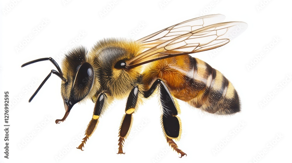 Detailed close-up of a honey bee with delicate wings in profile view on white background Detailed close-up of a honey bee with delicate wings in profile view on white background