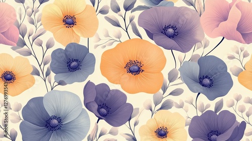 Colorful floral pattern with detailed pastel flowers and leaves on light background