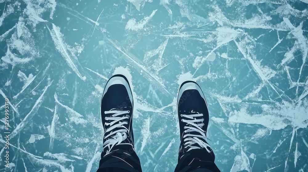 Pair of ice skates on cracked frozen lake surface outdoors in winter Pair of ice skates on cracked frozen lake surface outdoors in winter