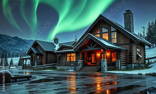 Aurora In The Spectrum Of Green Purple And Red, Illuminating A Backcountry Ski Cabin In The Mighty Snow-covered Rocky Mountains. 4k