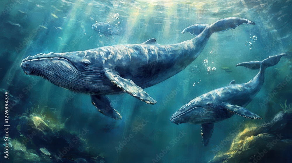 Fototapeta premium Majestic humpback whales swimming underwater with sunlight filtering through the ocean
