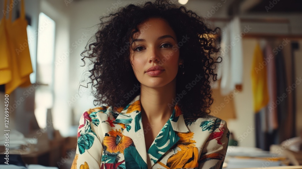 Confident woman with curly hair in a vibrant floral shirt. Bright background adds life to the scene, showcasing her style and personality. Confident woman with curly hair in a vibrant floral shirt. Bright background adds life to the scene, showcasing her style and personality.